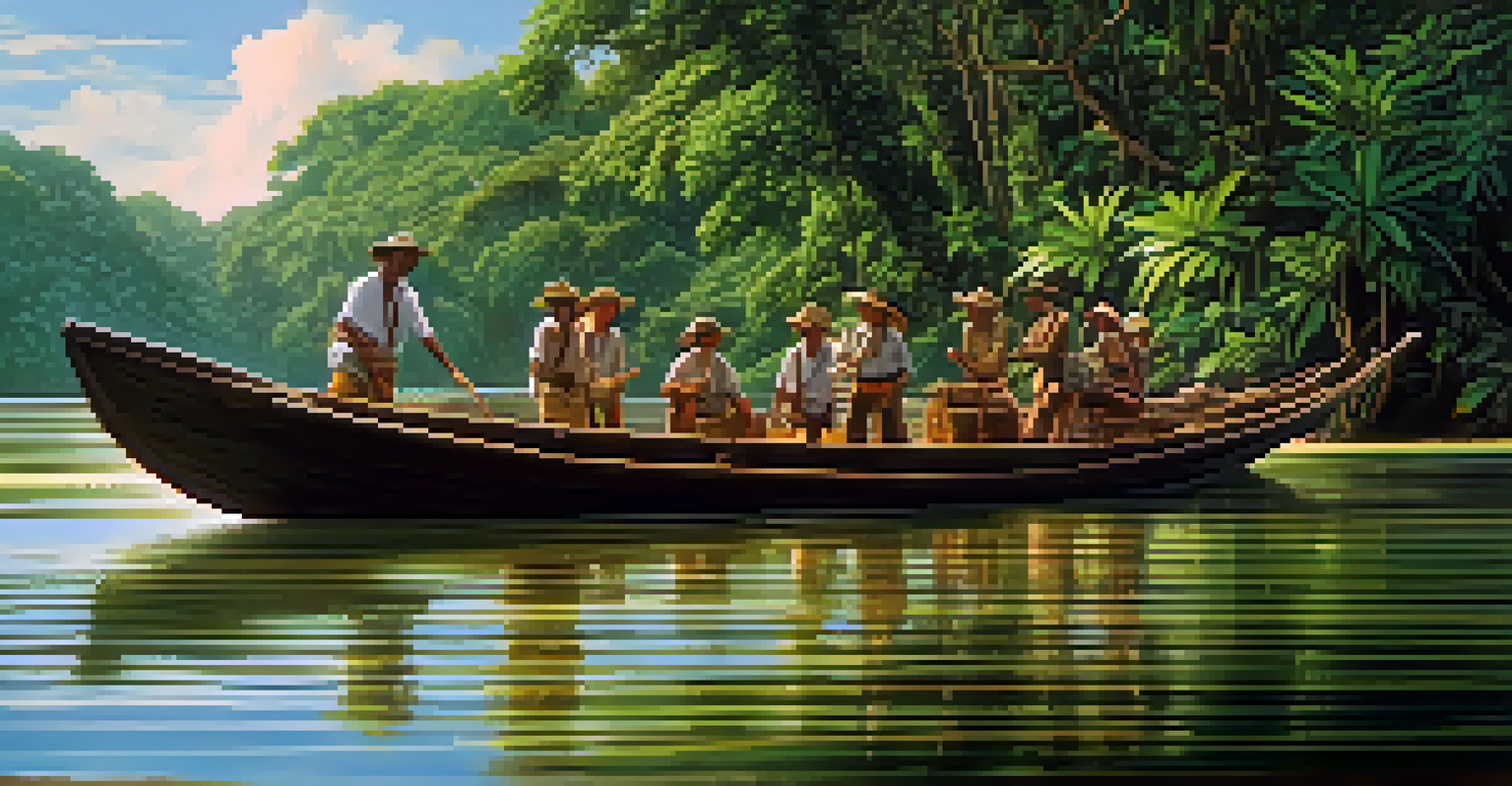 A traditional wooden boat on the Amazon River with local guides and tourists, surrounded by lush rainforest.