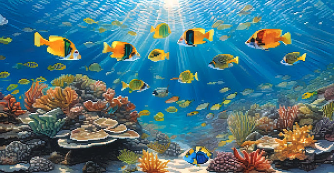 A colorful underwater scene with a school of tropical fish and a coral reef, illuminated by sunlight filtering through the water.