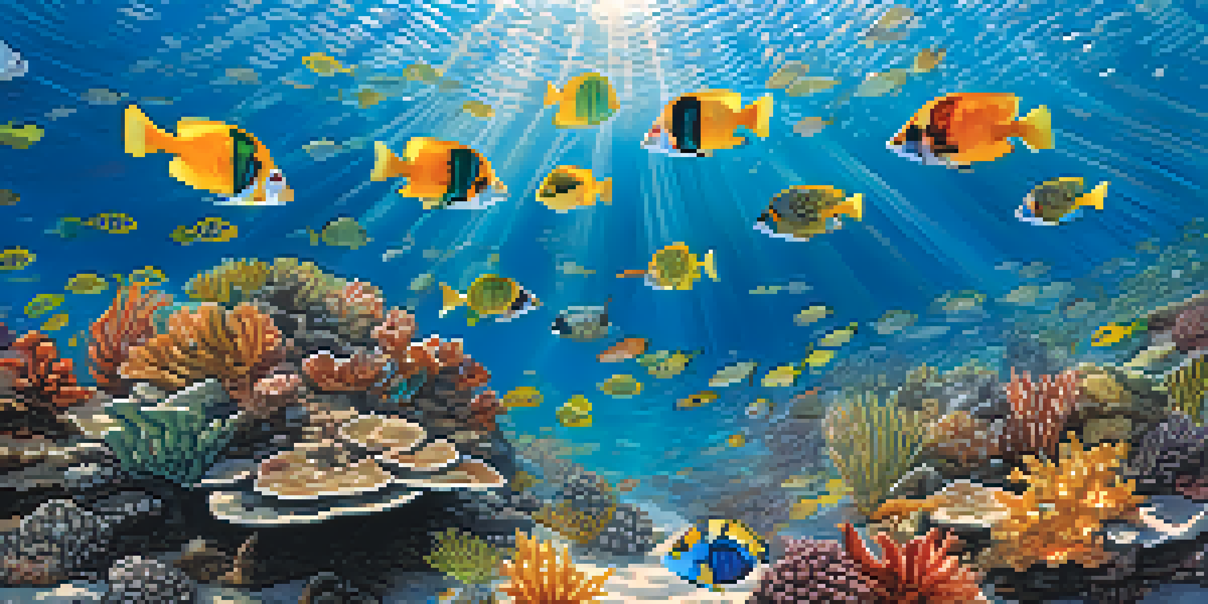 A colorful underwater scene with a school of tropical fish and a coral reef, illuminated by sunlight filtering through the water.