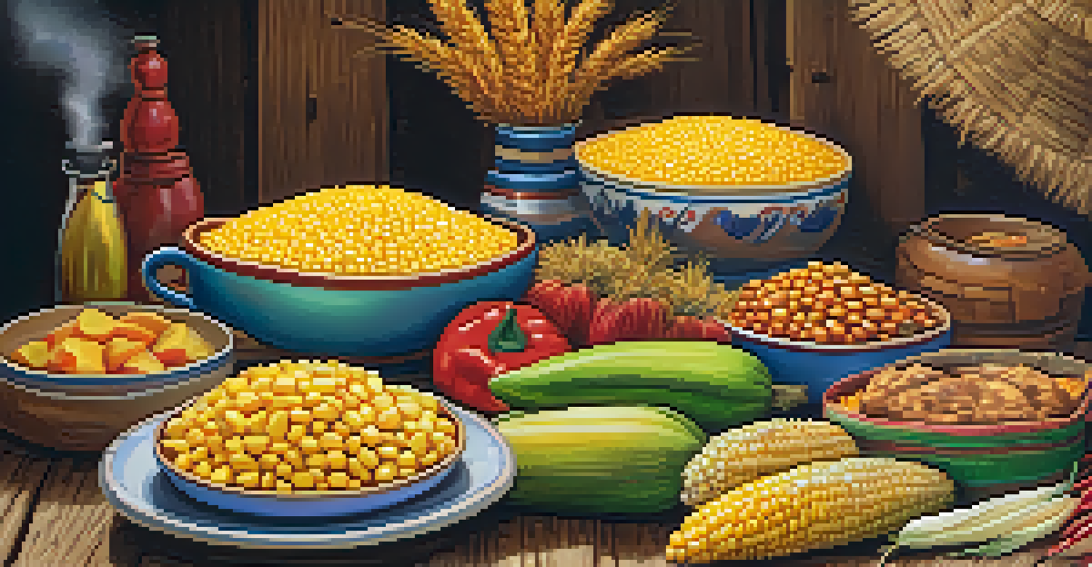 A rustic table filled with traditional Festa Junina foods like pamonha and canjica, decorated with colorful decorations and a bonfire.
