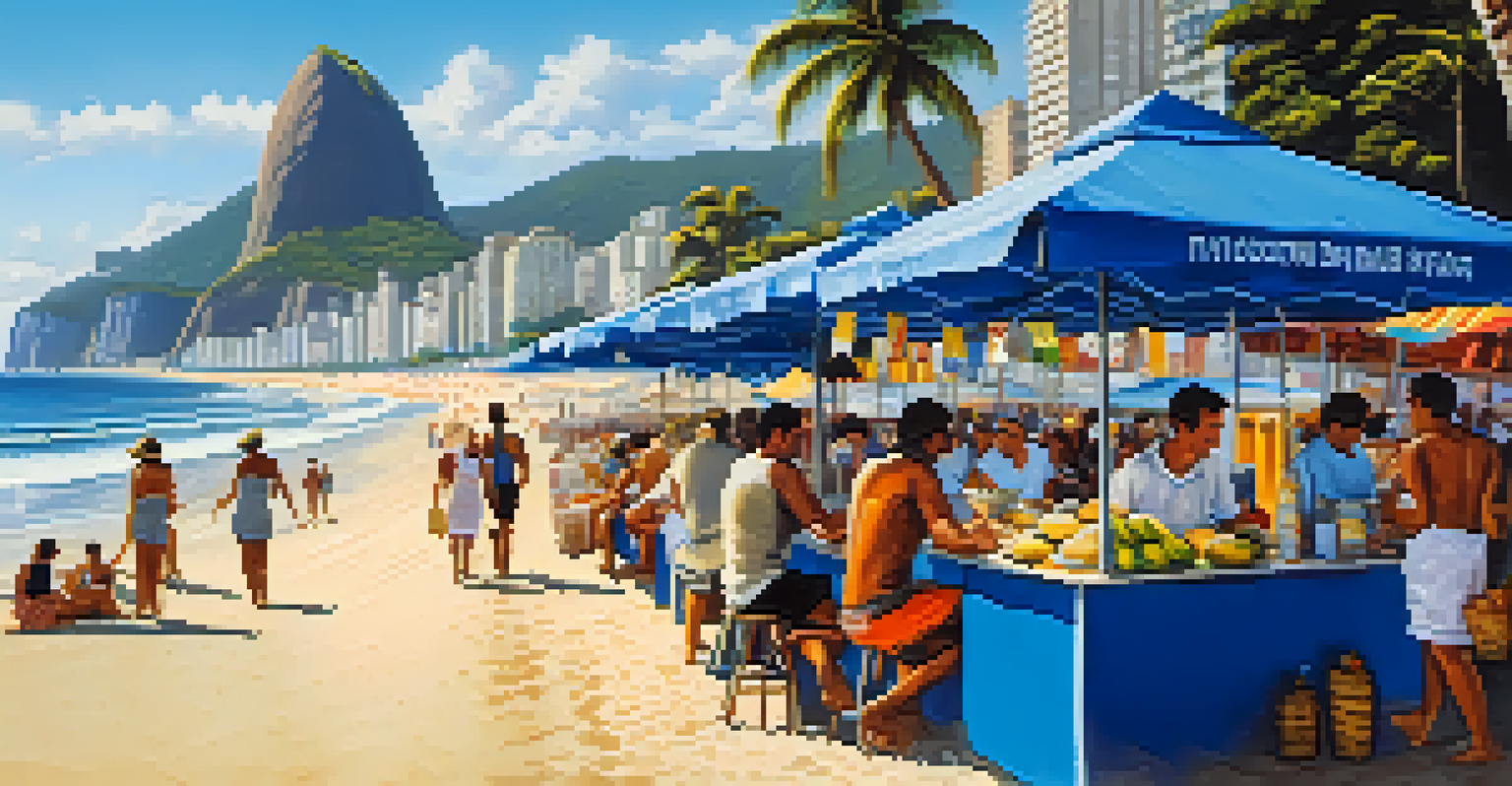 A scenic view of Copacabana beach with vendors selling coconut water and grilled skewers, surrounded by sunbathers.