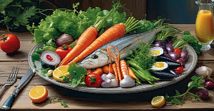 A colorful gourmet dish with seafood and seasonal vegetables on a rustic wooden table, illuminated by soft warm lighting.