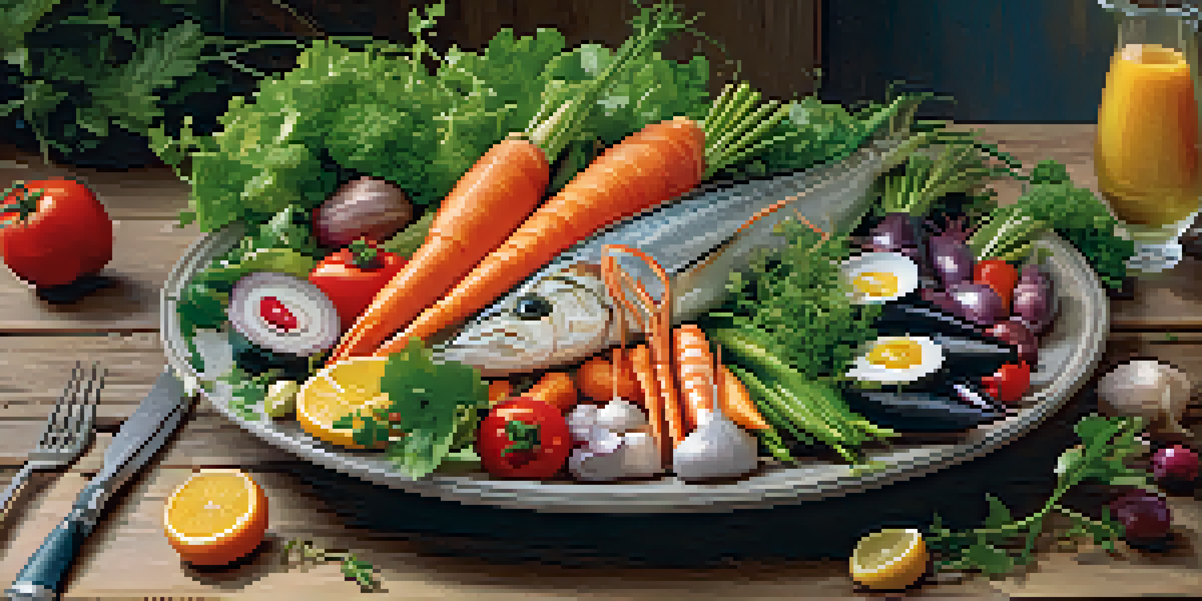 A colorful gourmet dish with seafood and seasonal vegetables on a rustic wooden table, illuminated by soft warm lighting.