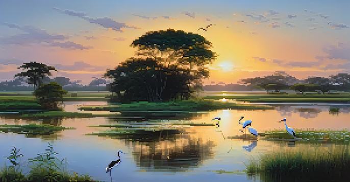 A serene wetland landscape at sunrise, featuring various birds wading in the water amidst lush greenery.
