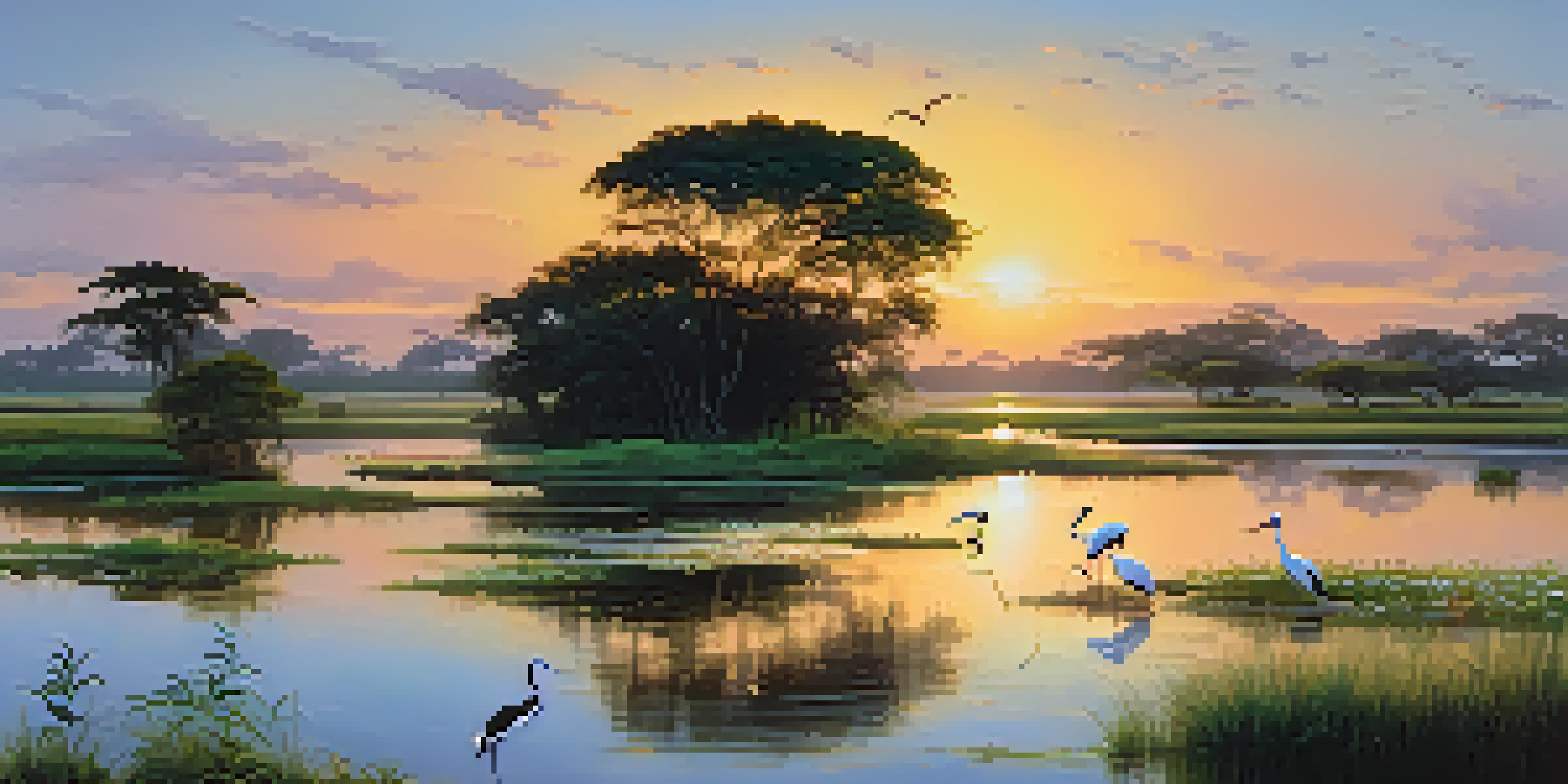 A serene wetland landscape at sunrise, featuring various birds wading in the water amidst lush greenery.