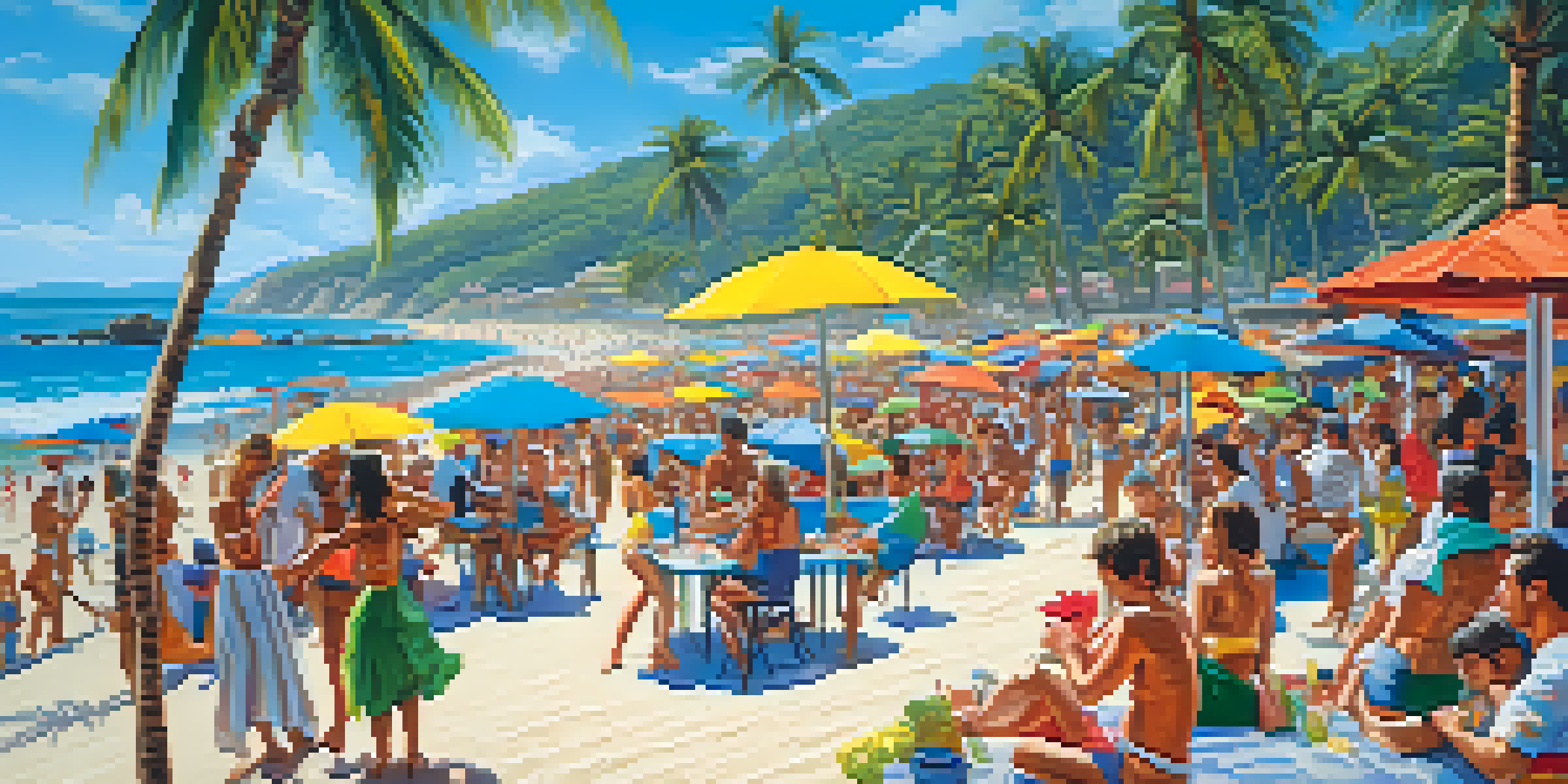 A busy Brazilian beach filled with colorful umbrellas and people enjoying the sun and music, with a bright blue ocean in the background.