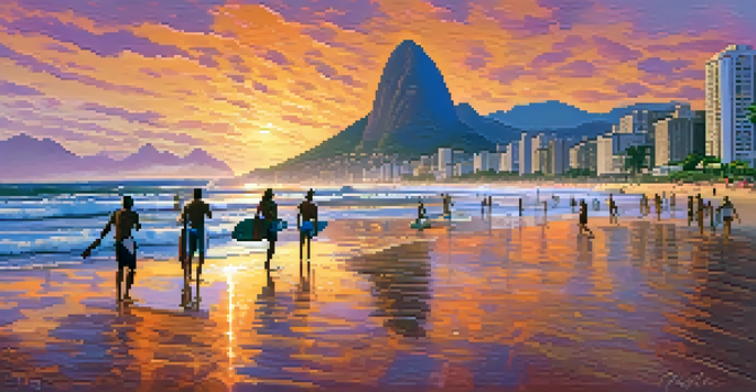 A sunset view of Ipanema Beach with surfers riding waves and Two Brothers Mountain in the background.