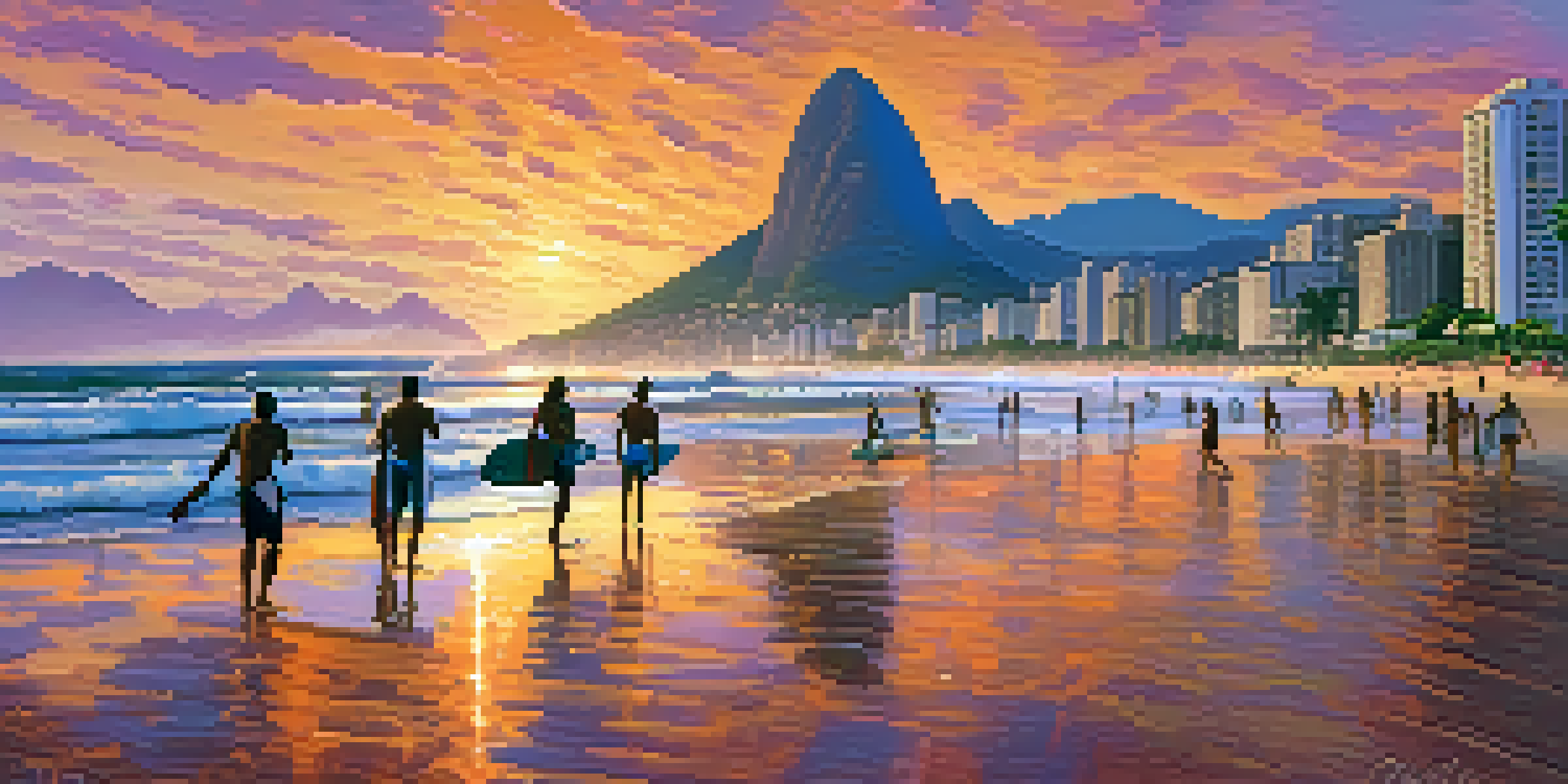 A sunset view of Ipanema Beach with surfers riding waves and Two Brothers Mountain in the background.