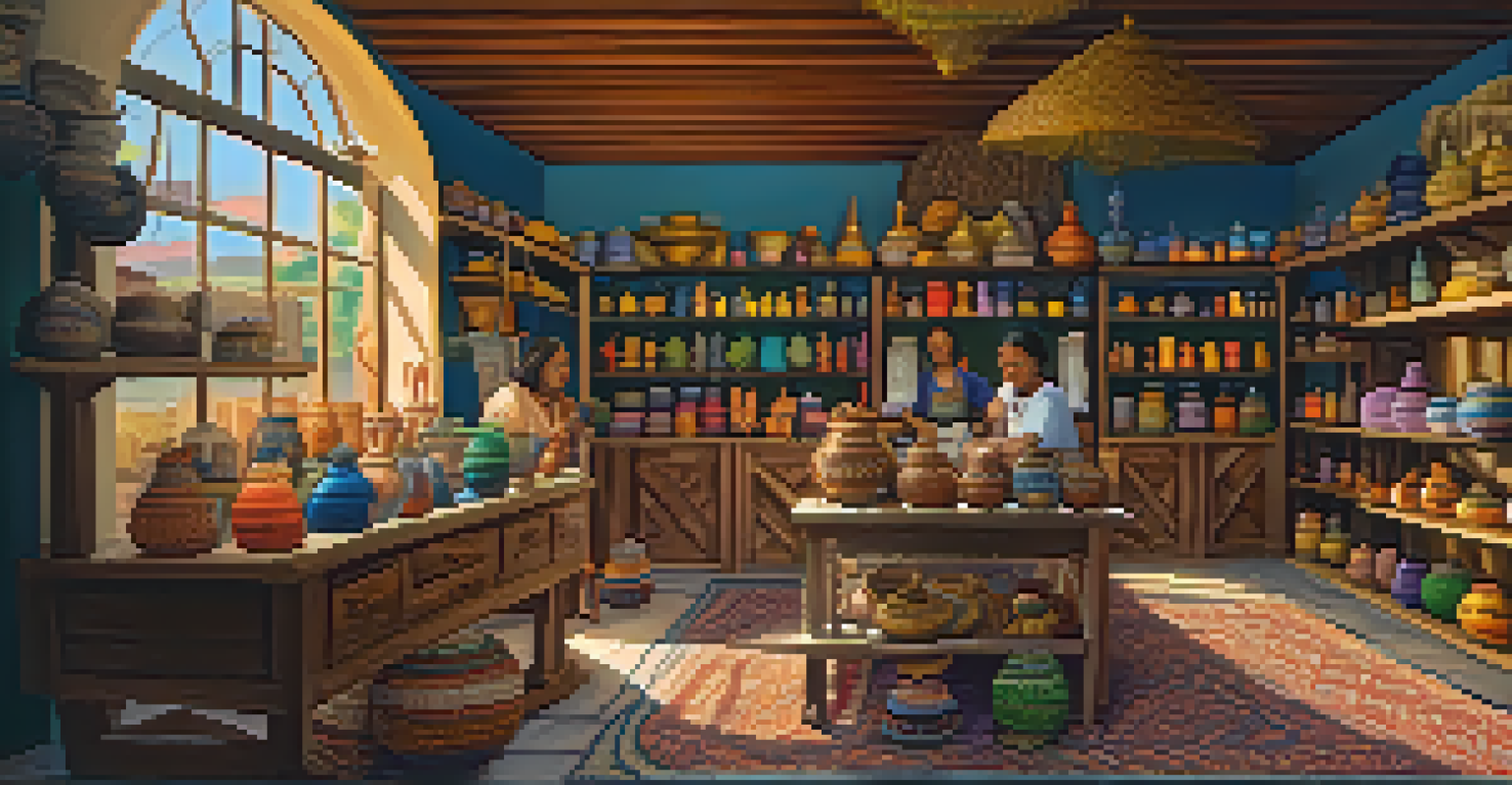 An artisan shop in Brazil displaying handmade crafts with a friendly artisan interacting with a customer.
