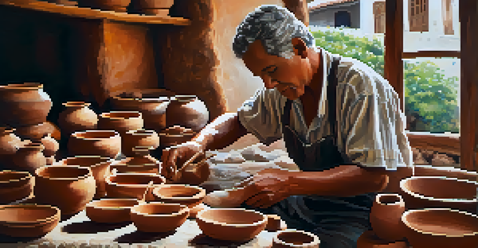 A craftsman working on pottery in a vibrant artisan workshop in Ouro Preto, Brazil, surrounded by colorful handmade goods.