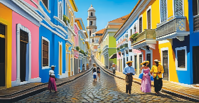 A colorful street scene in Salvador, Brazil, featuring colonial buildings and locals dancing in traditional attire.