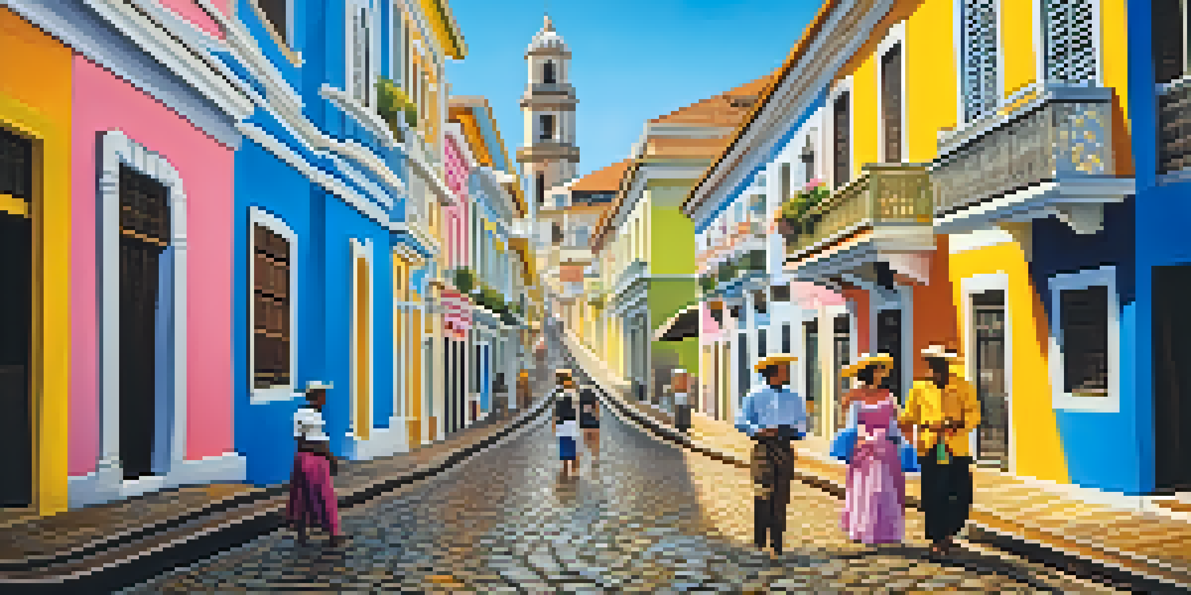 A colorful street scene in Salvador, Brazil, featuring colonial buildings and locals dancing in traditional attire.