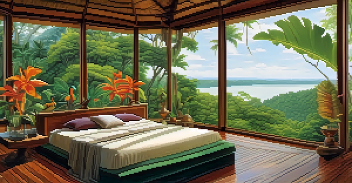 A luxurious open-air bungalow in the Amazon Rainforest with large windows and a private plunge pool surrounded by greenery.