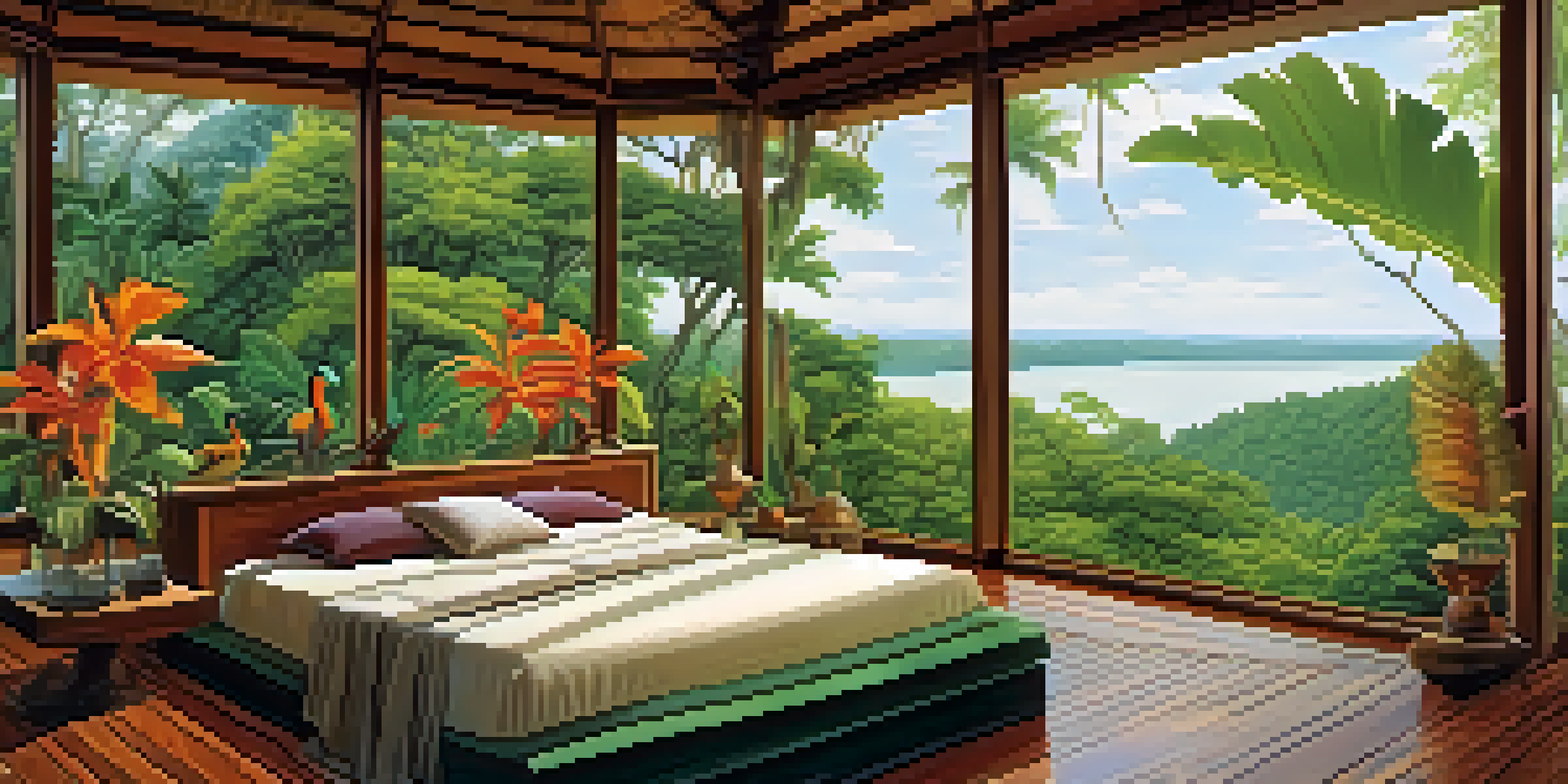 A luxurious open-air bungalow in the Amazon Rainforest with large windows and a private plunge pool surrounded by greenery.