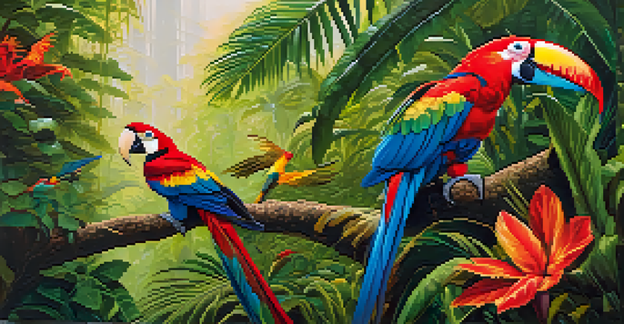 A colorful scarlet macaw and a toucan perched on lush green branches in the Amazon Rainforest, with dappled sunlight filtering through the canopy.