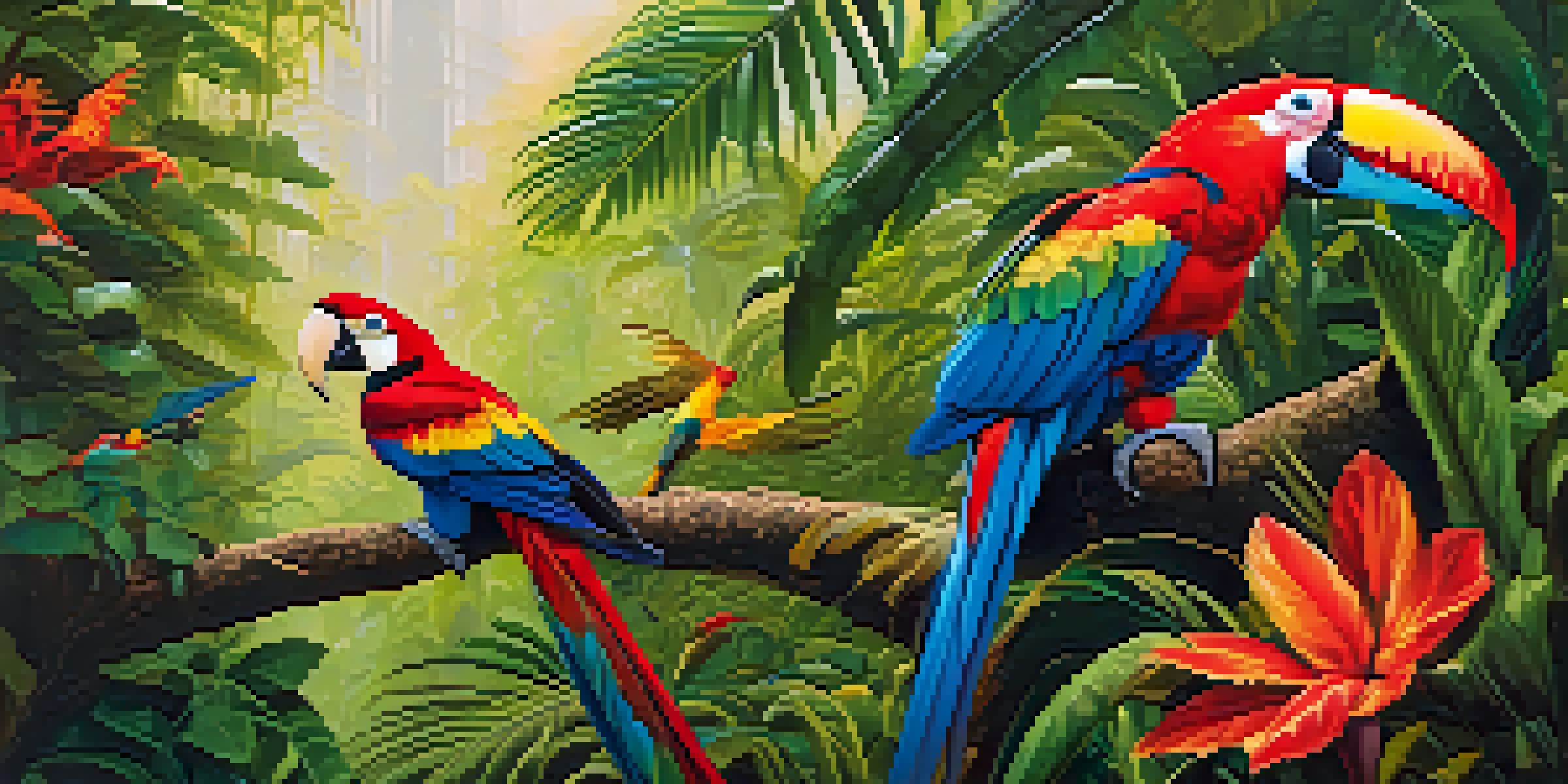 A colorful scarlet macaw and a toucan perched on lush green branches in the Amazon Rainforest, with dappled sunlight filtering through the canopy.