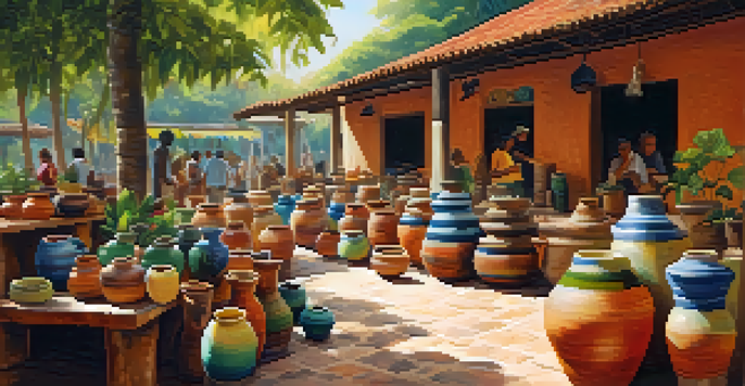 An artisan market in Brazil with colorful handmade pottery displayed on wooden tables, surrounded by greenery and artisans interacting with customers.