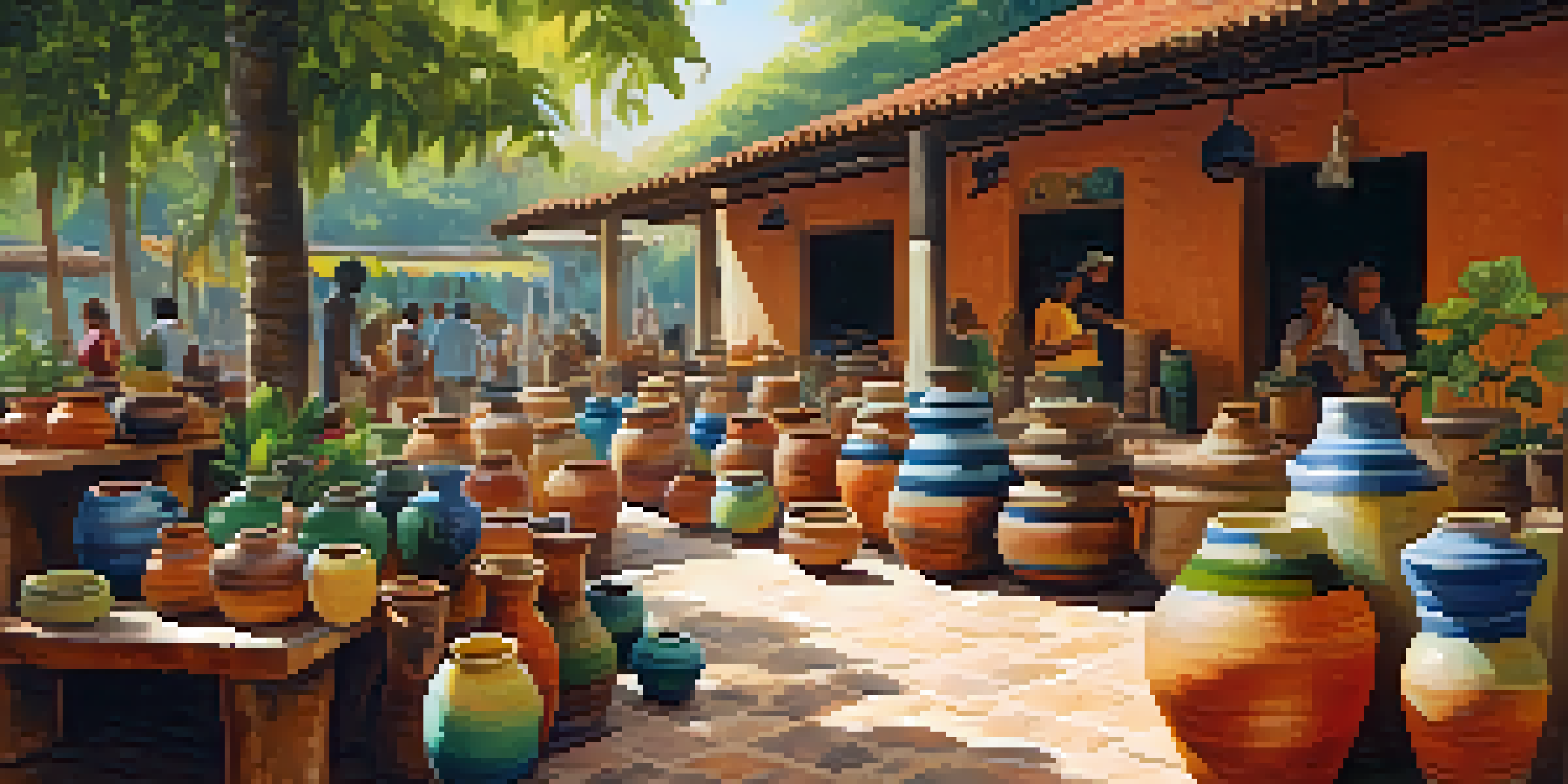 An artisan market in Brazil with colorful handmade pottery displayed on wooden tables, surrounded by greenery and artisans interacting with customers.