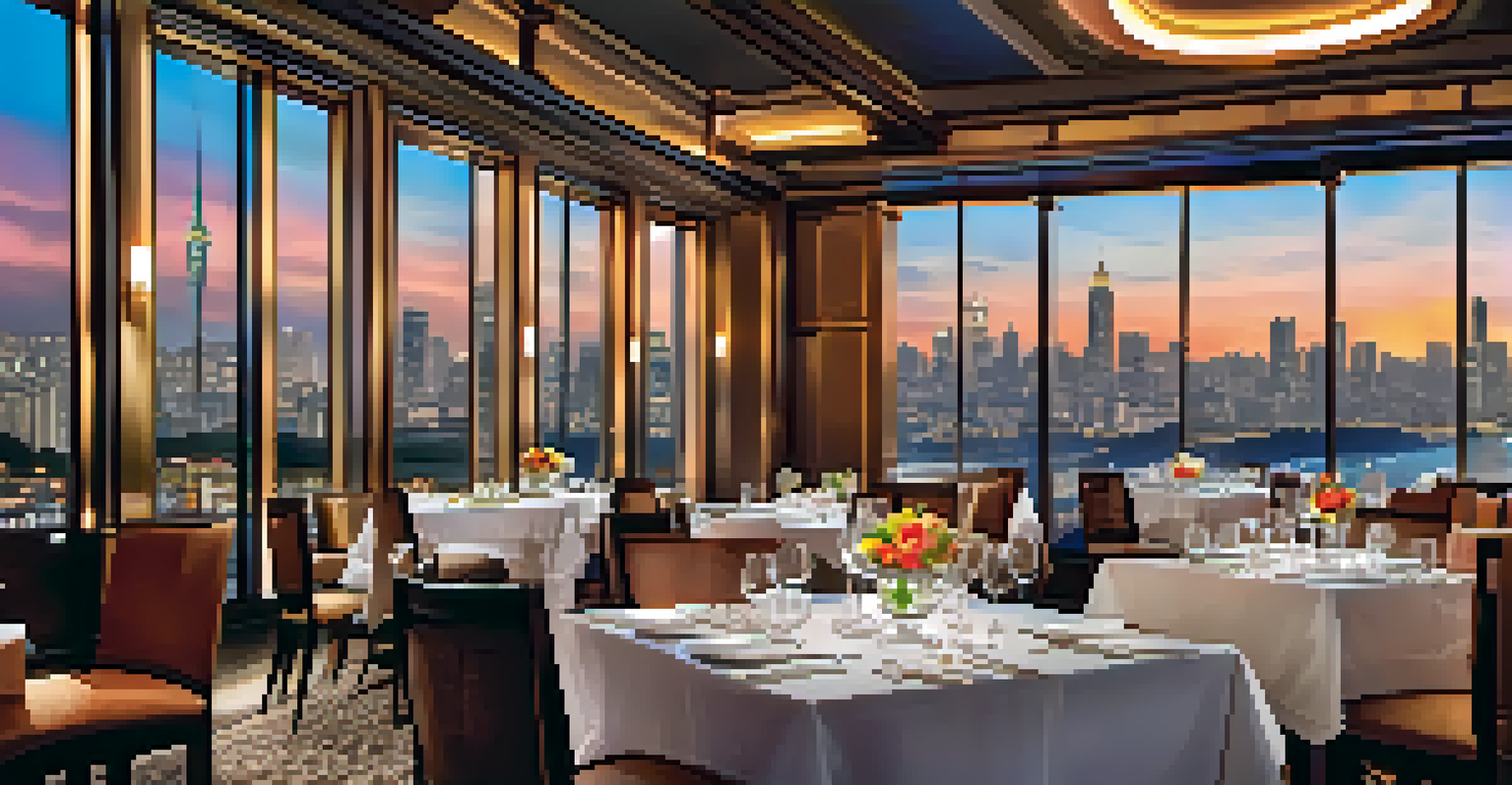 A sophisticated fine dining table in a Michelin-starred restaurant in São Paulo with gourmet dishes and a city skyline view.
