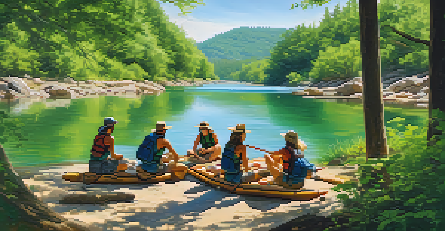 Rafters enjoying a picnic on a riverbank in Brazil, with clear waters and lush greenery around them, capturing the beauty of nature.