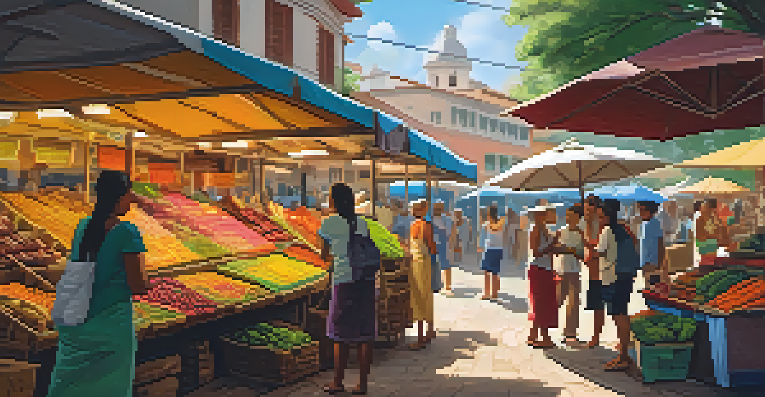 An eco-friendly travel scene in a Brazilian market with colorful stalls of fresh produce and handmade crafts, highlighting the interaction between travelers and local vendors.