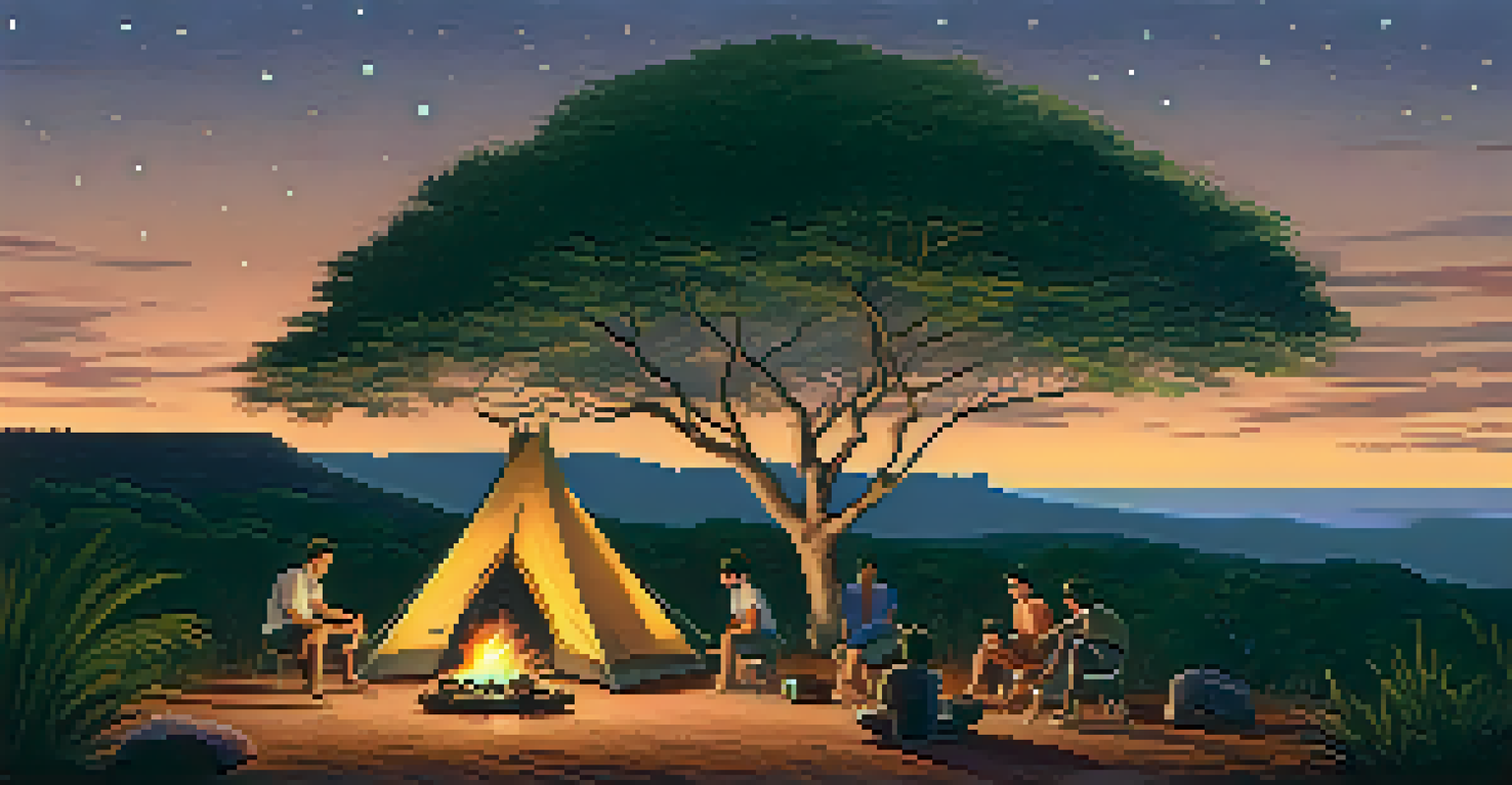 A family camping under a starry sky in Chapada dos Veadeiros, gathered around a campfire with their tent set up amidst tall trees.