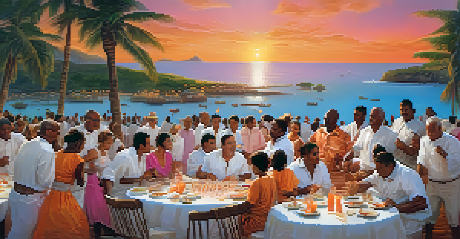 A festive gathering at the Festa de Iemanjá with a table of Bahian dishes and people celebrating by the ocean at sunset.