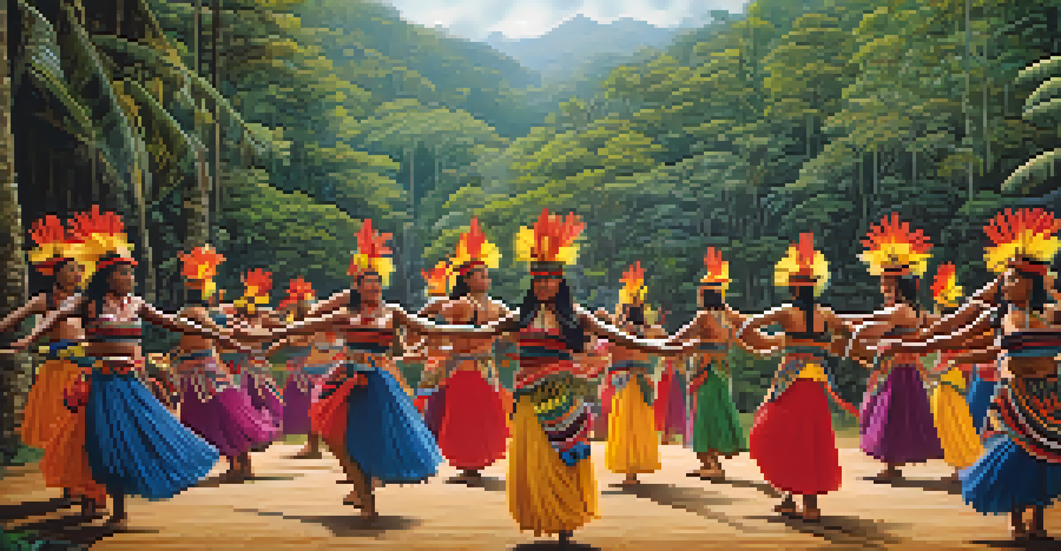 A group of Amazonian dancers in traditional costumes performing a dance in a forest, showcasing vibrant colors and intricate designs.