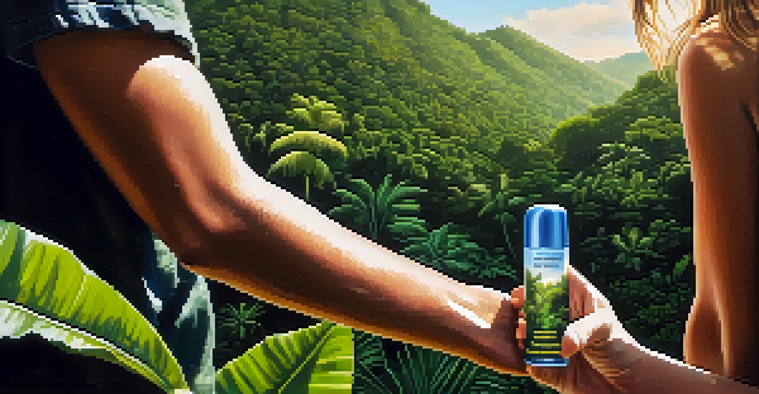 A traveler applies mosquito repellent on their arm amidst the lush greenery of a Brazilian jungle.