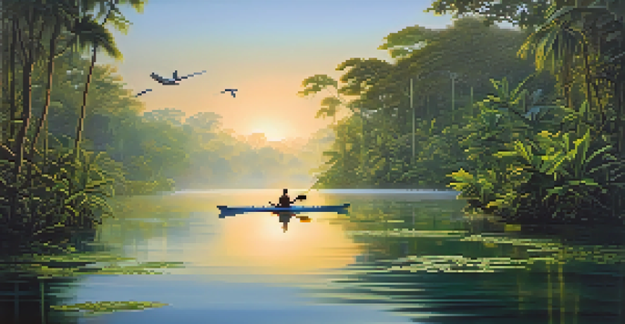 A kayaker paddles quietly on the Amazon River at dawn, surrounded by lush greenery and colorful birds, with mist rising from the water.