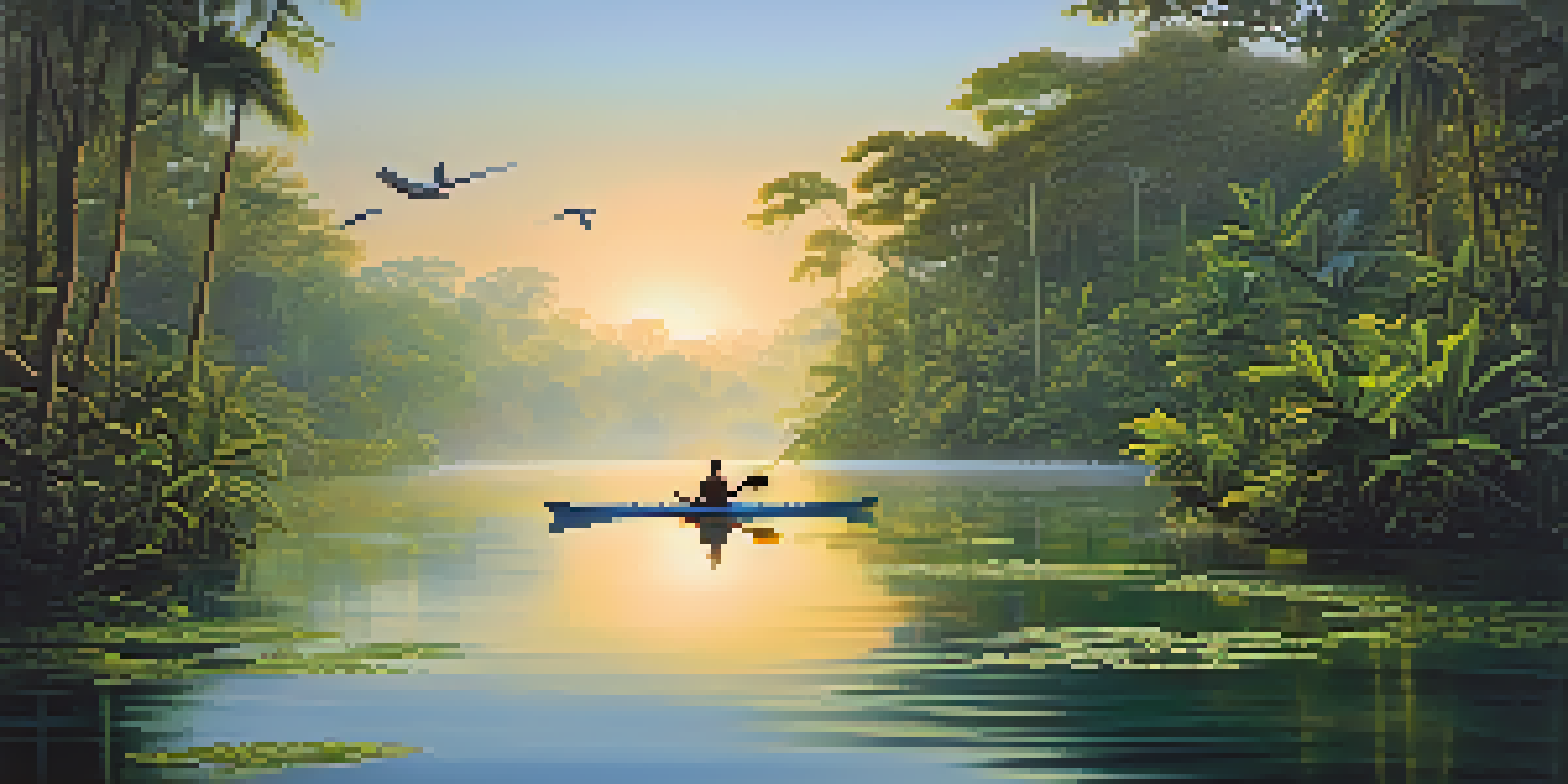 A kayaker paddles quietly on the Amazon River at dawn, surrounded by lush greenery and colorful birds, with mist rising from the water.