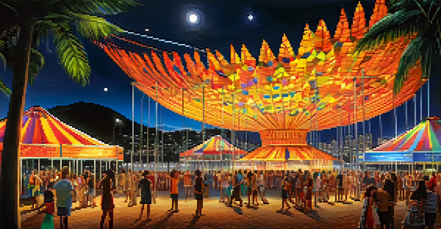 A mesmerizing night scene at the Luzia festival in Rio de Janeiro, featuring colorful light installations and people enjoying the festivities.