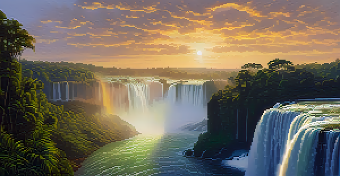 A stunning view of Iguaçu Falls at sunset, with golden light illuminating the cascading water and mist over lush greenery.