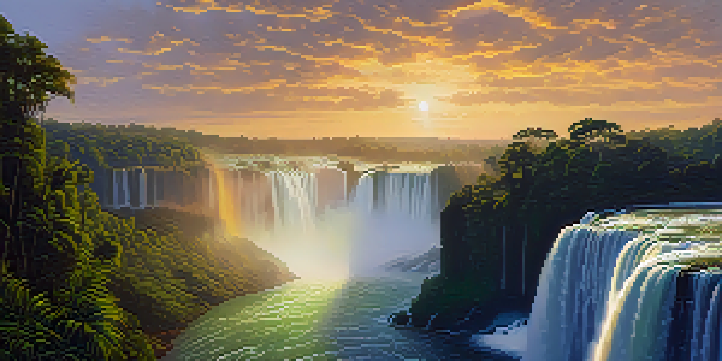 A stunning view of Iguaçu Falls at sunset, with golden light illuminating the cascading water and mist over lush greenery.