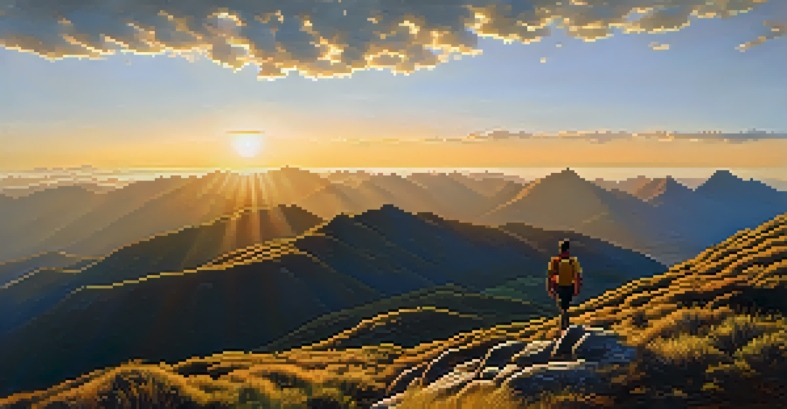 A hiker standing at the peak of a trail in Serra do Cipó, overlooking valleys and mountains during sunset with golden sunlight and clouds.