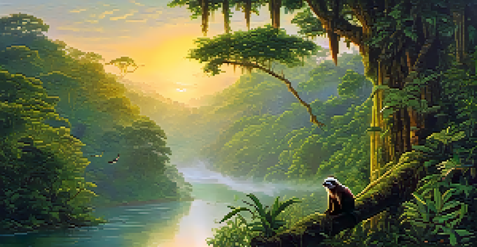 A stunning sunrise over the Amazon rainforest, featuring mist, a winding river, and various wildlife including colorful birds and a sloth.