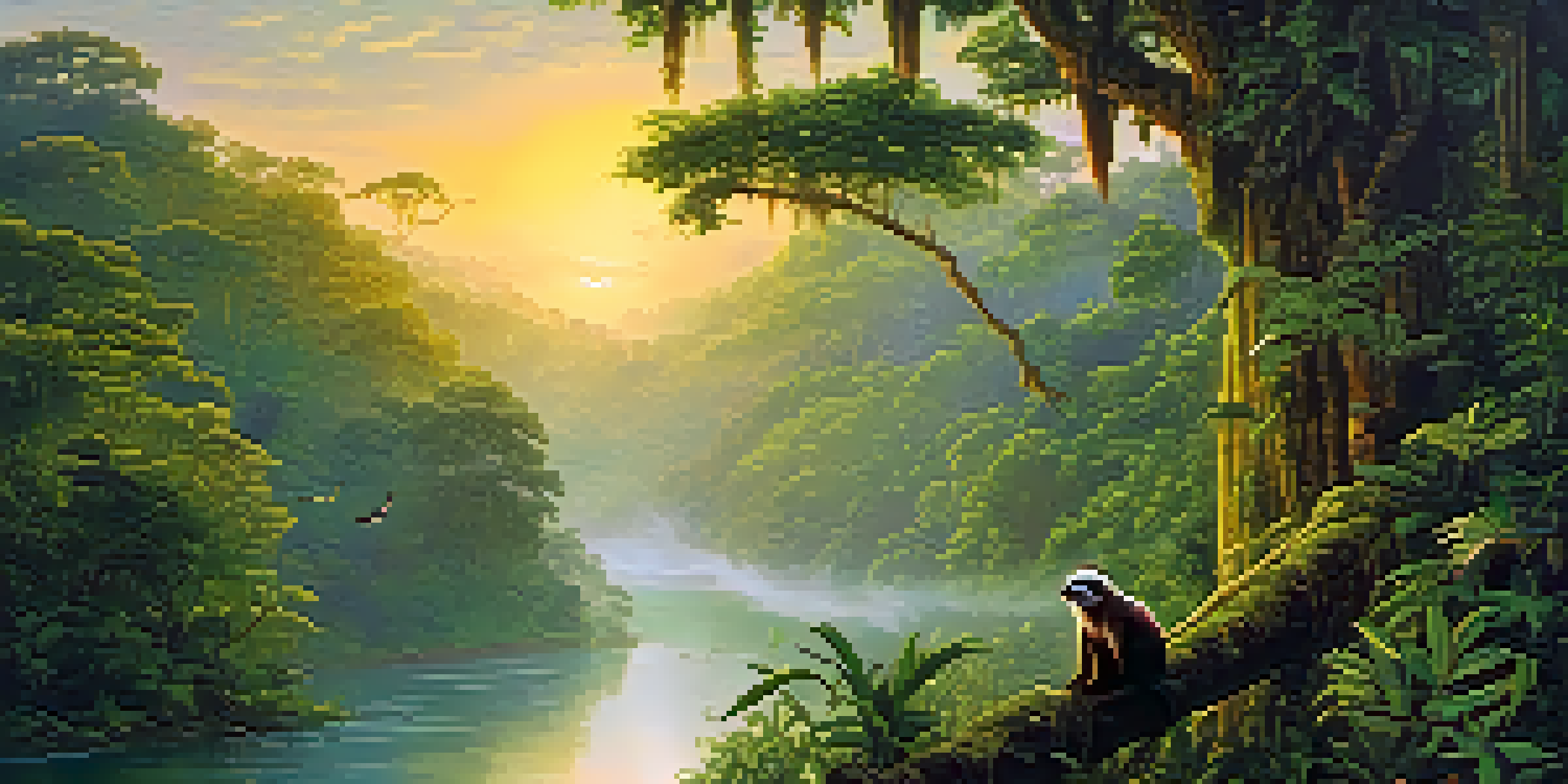 A stunning sunrise over the Amazon rainforest, featuring mist, a winding river, and various wildlife including colorful birds and a sloth.