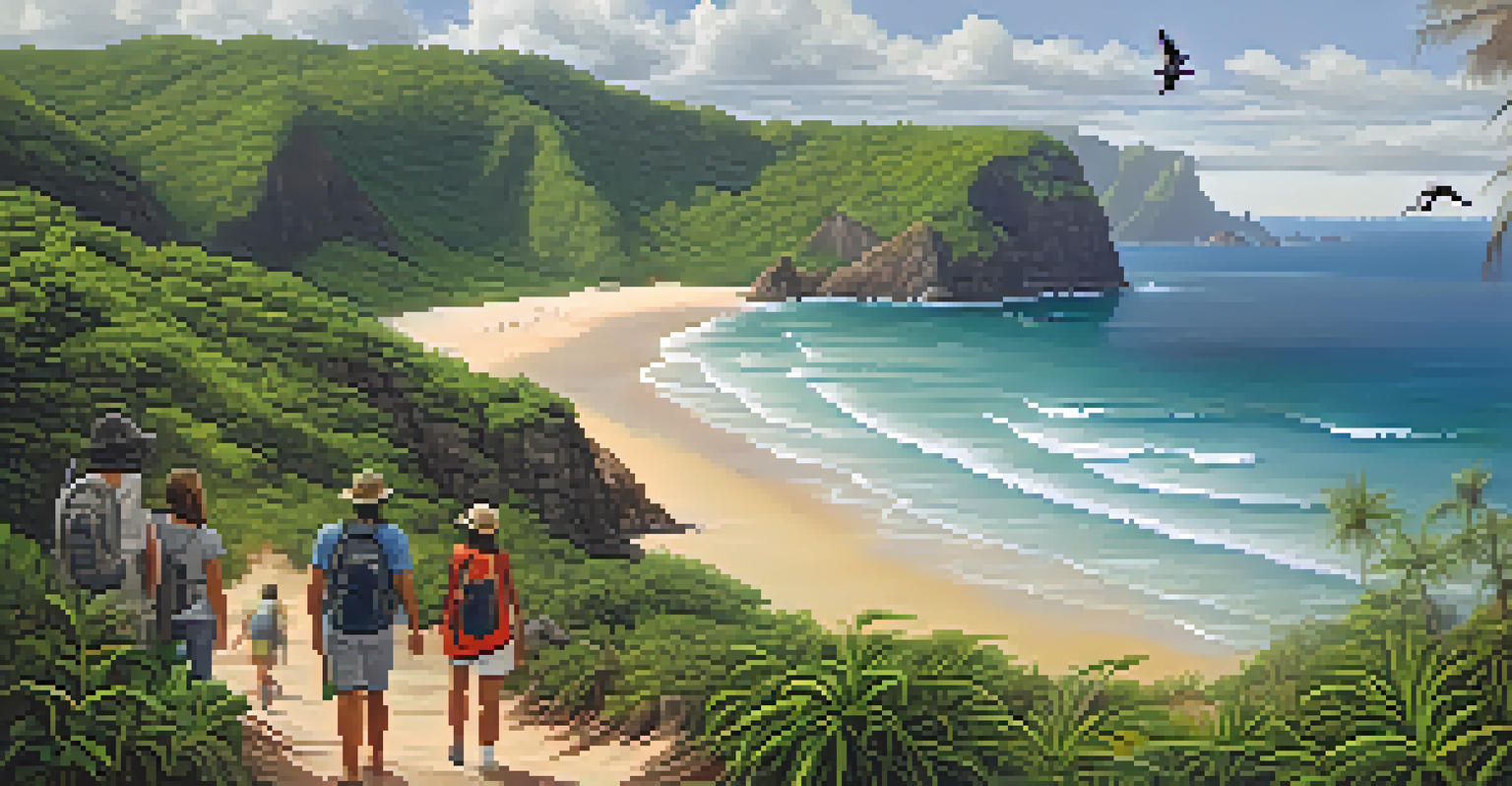 A tranquil Brazilian beach scene with rugged cliffs and diverse plants, where a group of tourists is engaged in bird-watching and hiking.