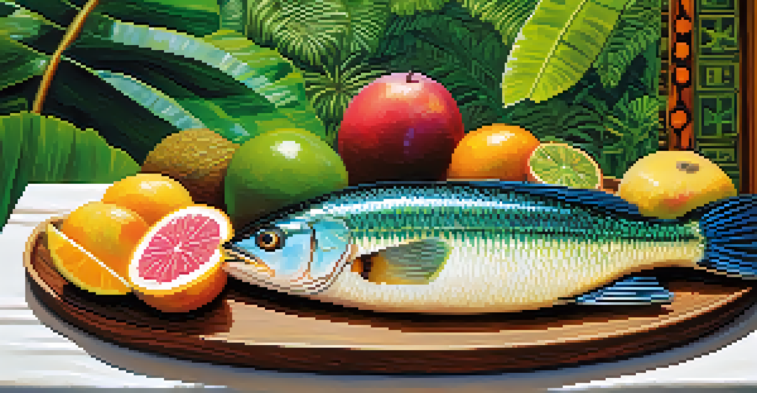 A grilled Tambaqui fish on a wooden platter with farofa and tropical fruits, set against a lush Amazon rainforest backdrop.