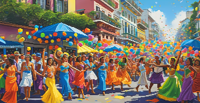 A lively Carnival scene in Brazil with people in colorful costumes dancing and celebrating, surrounded by decorated floats and bright confetti.