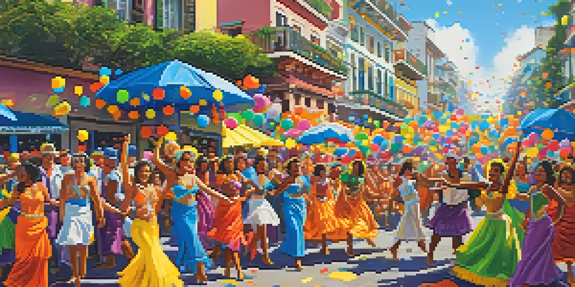 A lively Carnival scene in Brazil with people in colorful costumes dancing and celebrating, surrounded by decorated floats and bright confetti.