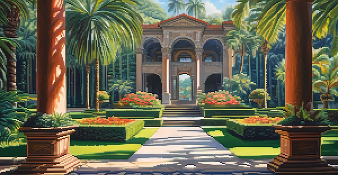 A peaceful view of Parque Lage featuring a historic mansion and tropical gardens filled with colorful flowers and palm trees.