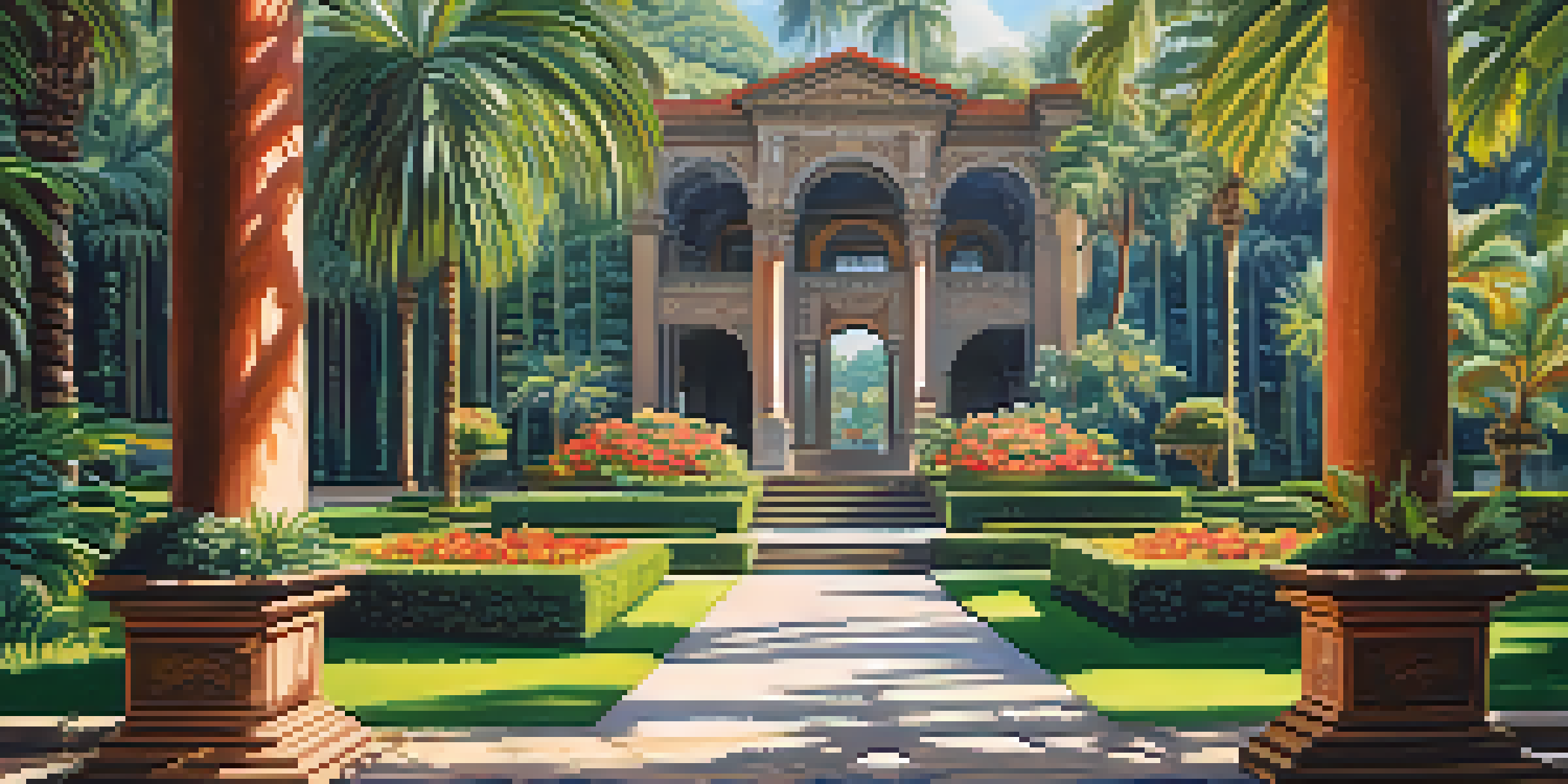 A peaceful view of Parque Lage featuring a historic mansion and tropical gardens filled with colorful flowers and palm trees.
