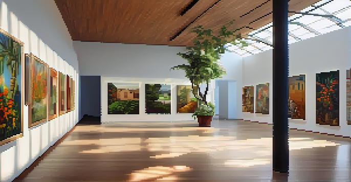 A lively community art gallery in Brazil with diverse artworks, visitors engaging in discussions, and a workshop in the center, surrounded by natural light and greenery.