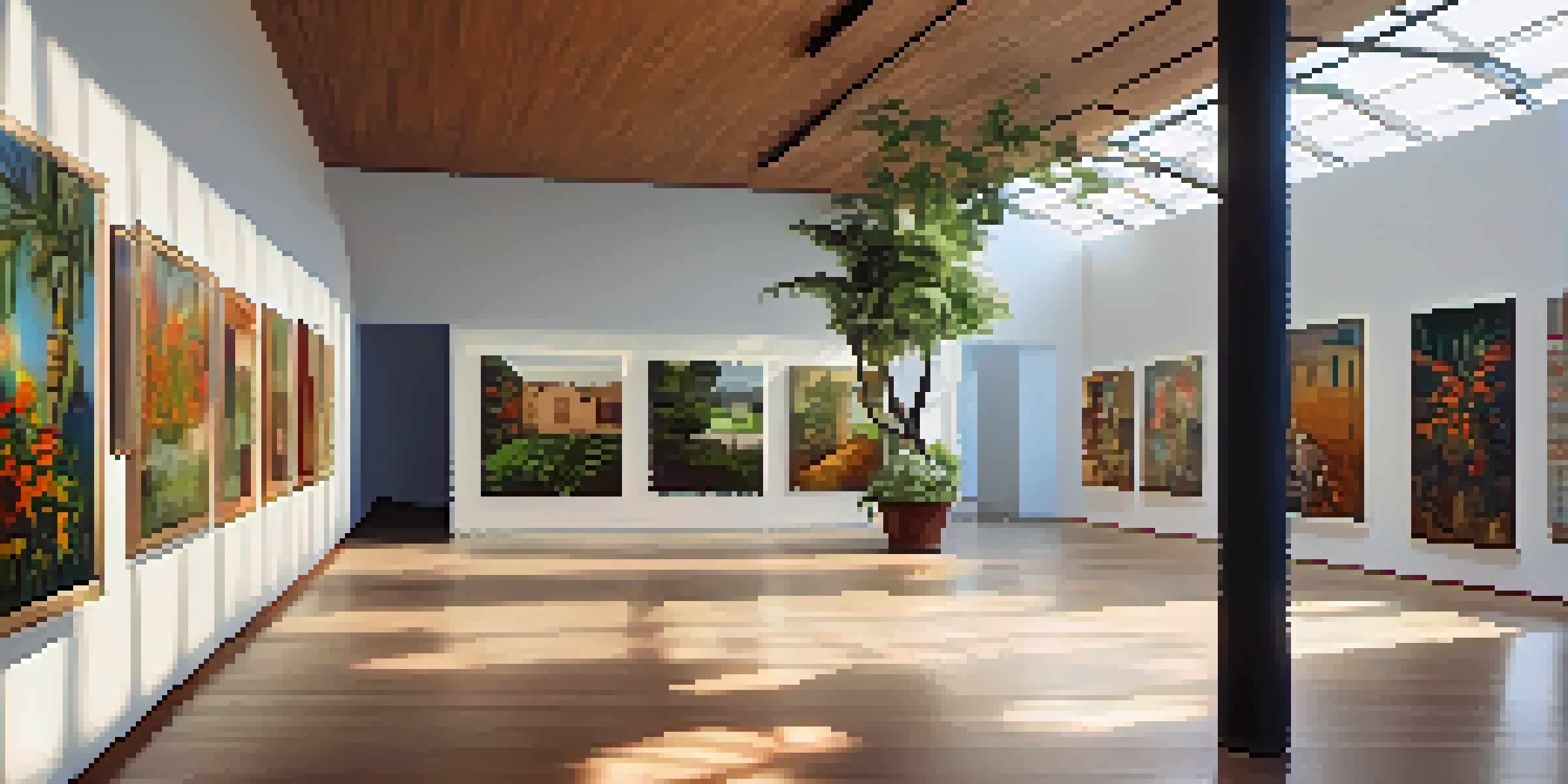 A lively community art gallery in Brazil with diverse artworks, visitors engaging in discussions, and a workshop in the center, surrounded by natural light and greenery.