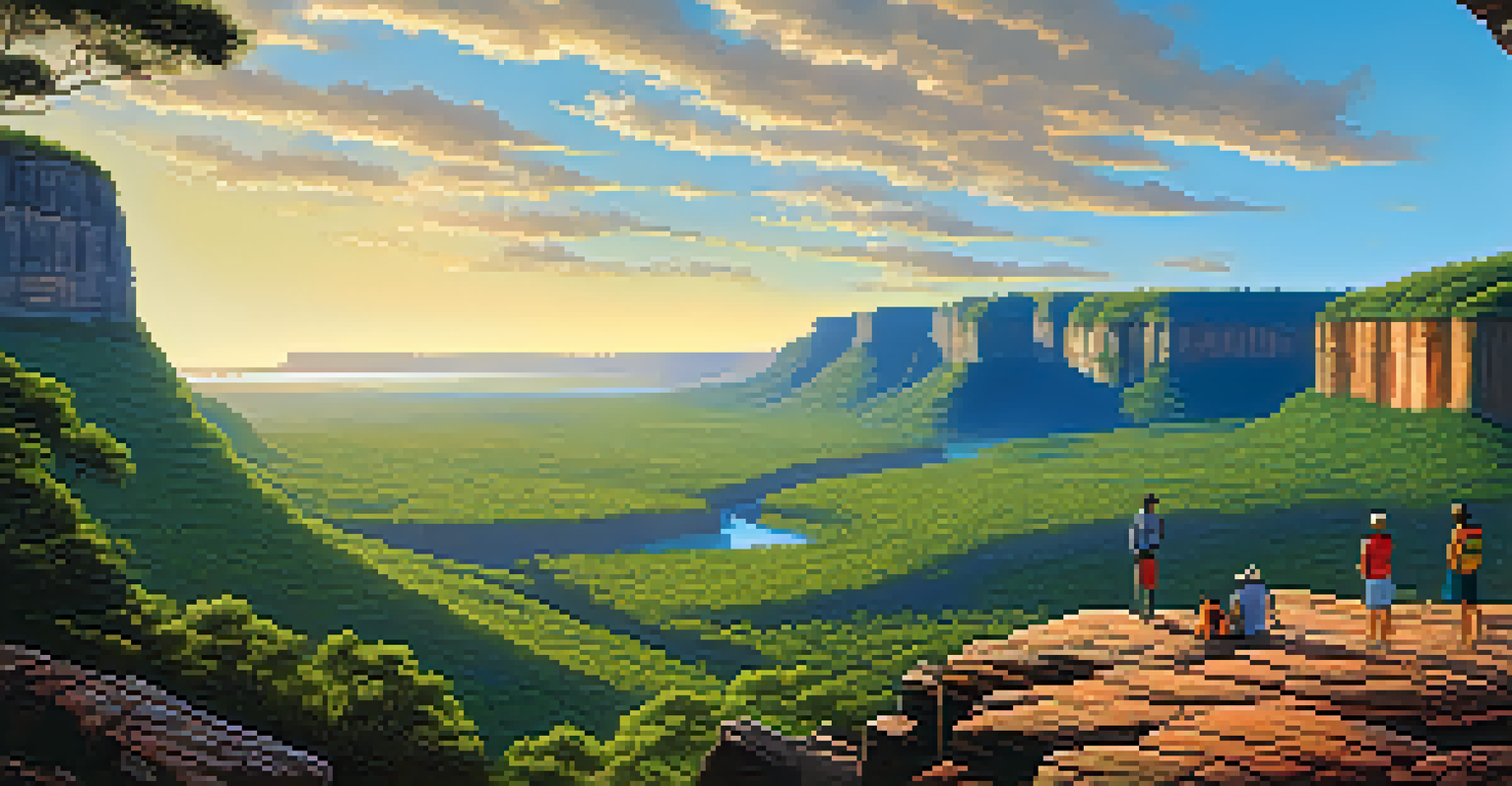 A stunning landscape of Chapada Diamantina with people walking near waterfalls and cliffs, surrounded by colorful plants under a clear blue sky.
