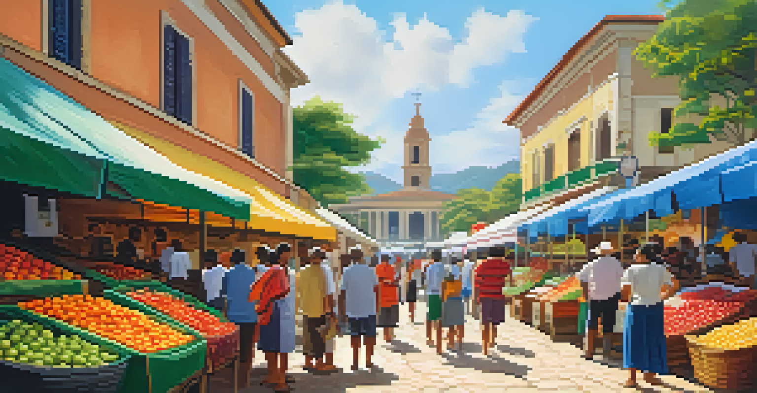 A bustling Brazilian market filled with colorful stalls of tropical fruits, artisan crafts, and local dishes, under morning sunlight.