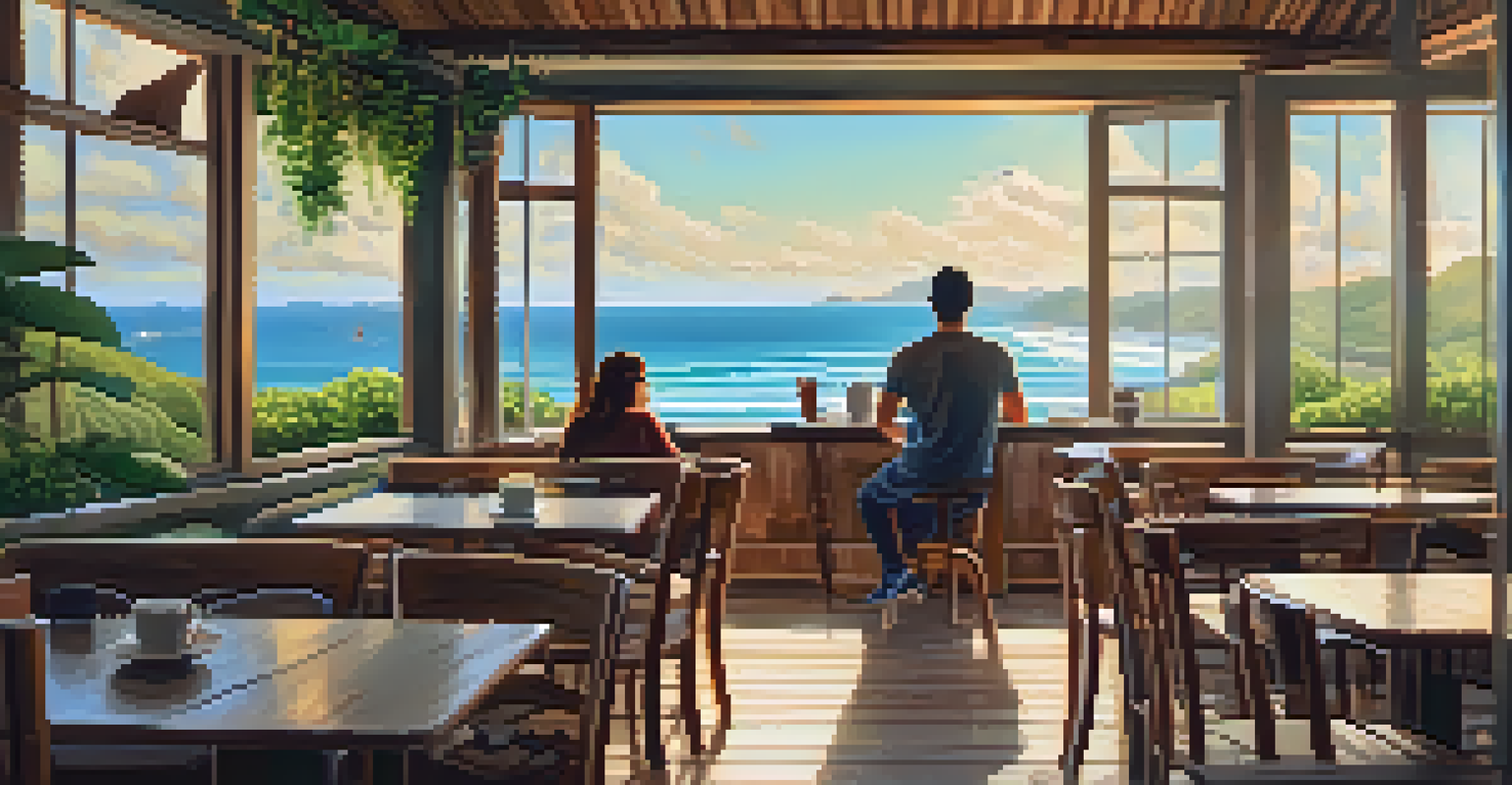 A cozy café in Florianópolis with a remote worker sipping coffee and a view of surfers and the ocean outside.