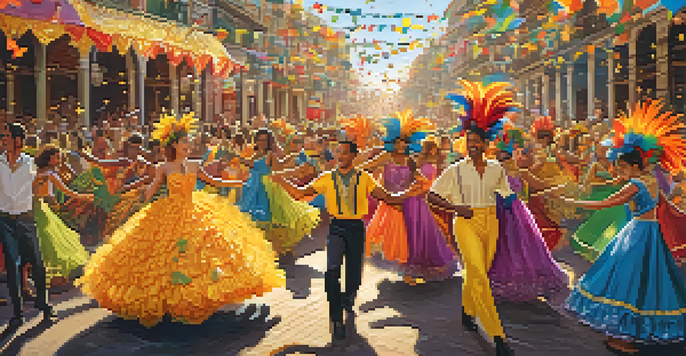 A lively street scene at Brazil's Carnival, showcasing performers in colorful costumes and decorated floats under warm golden hour light.
