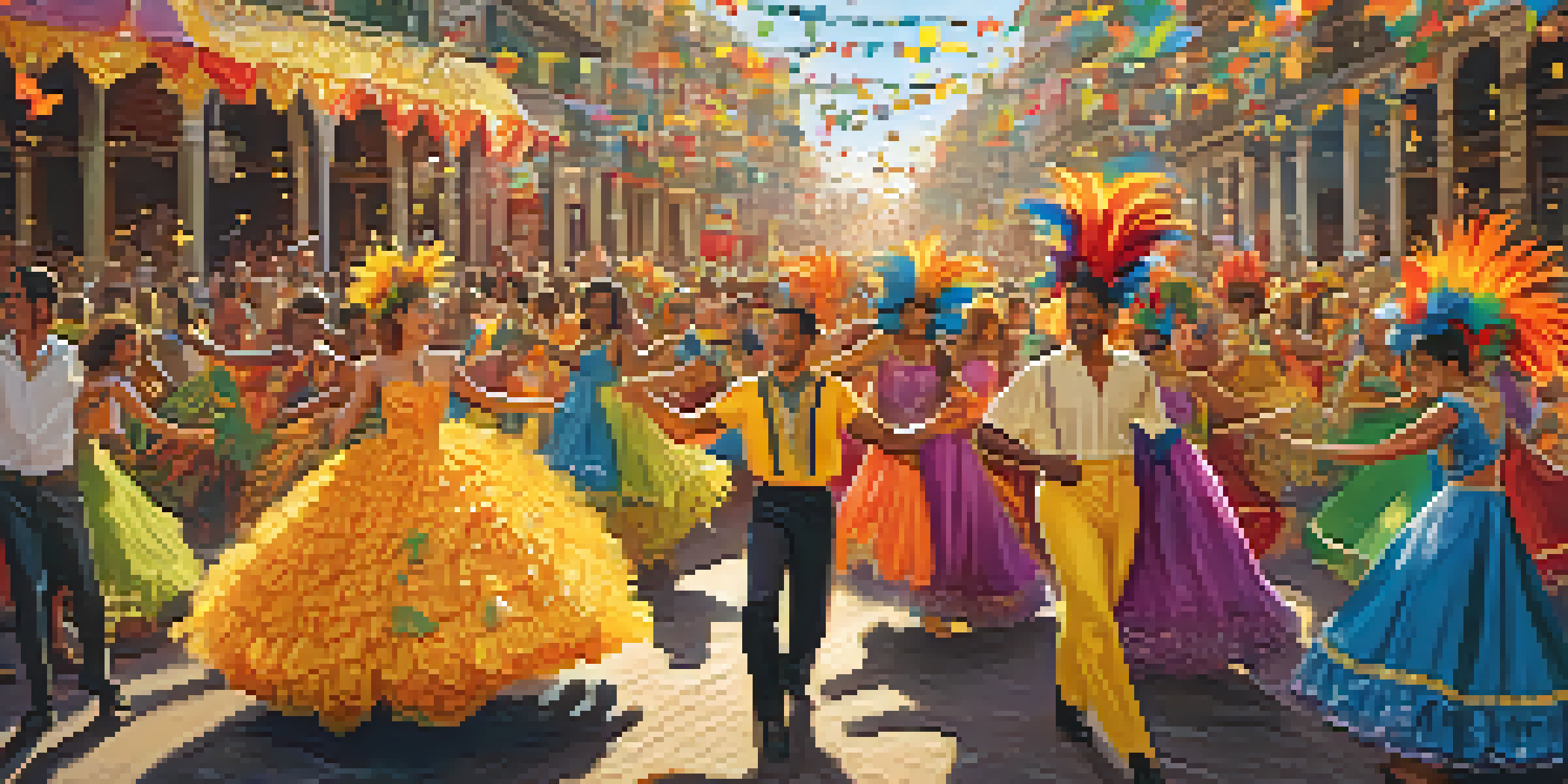 A lively street scene at Brazil's Carnival, showcasing performers in colorful costumes and decorated floats under warm golden hour light.